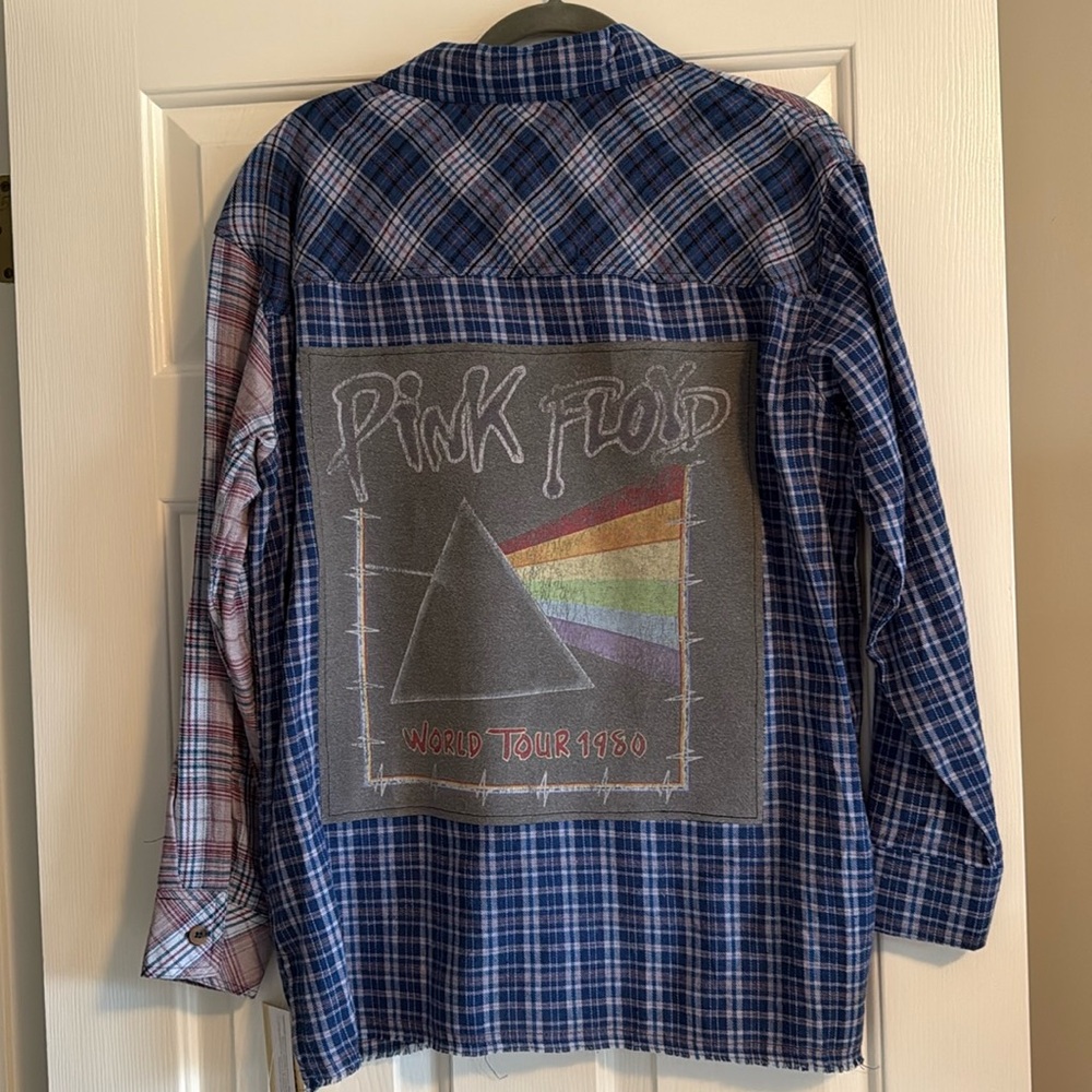 Upcycled Pink Floyd Graphic Tee On REWIND Lightweight Flannel Shirt Size M OOAK - Picture 2 of 3